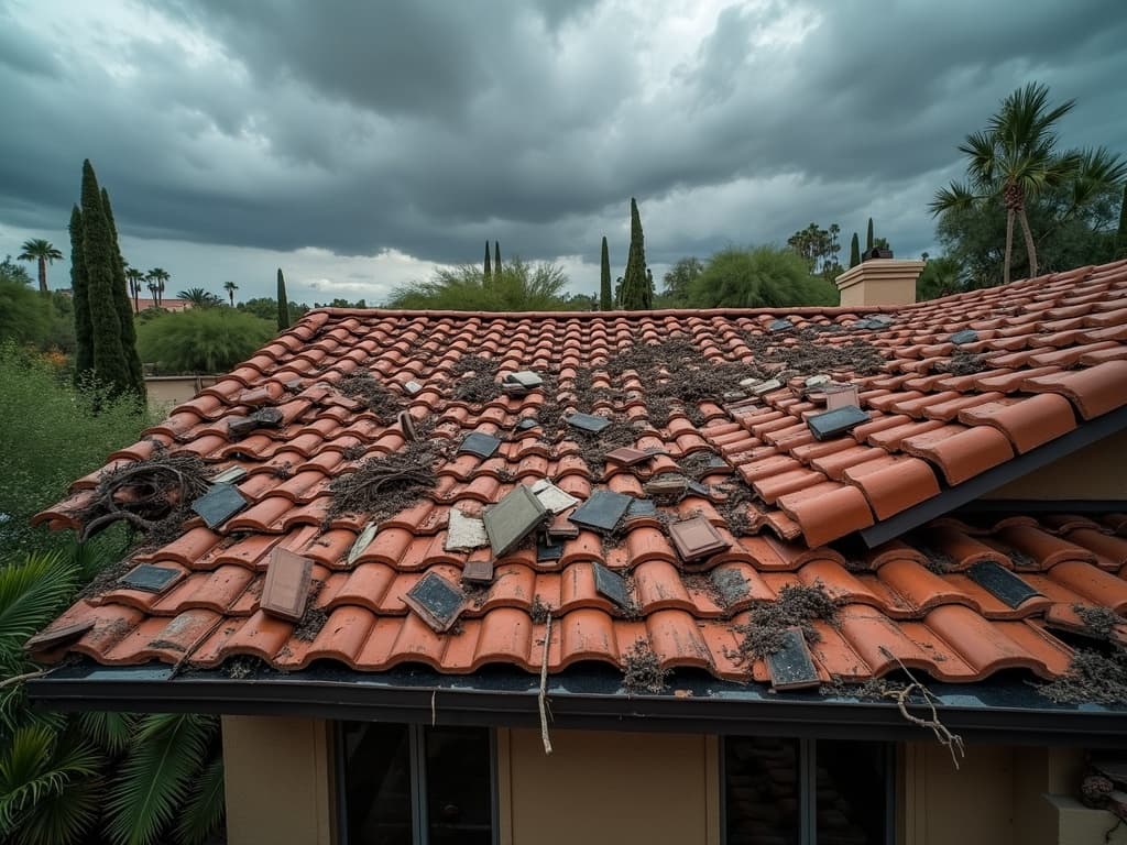 Storm damaged roof before repair in Phoenix AZ